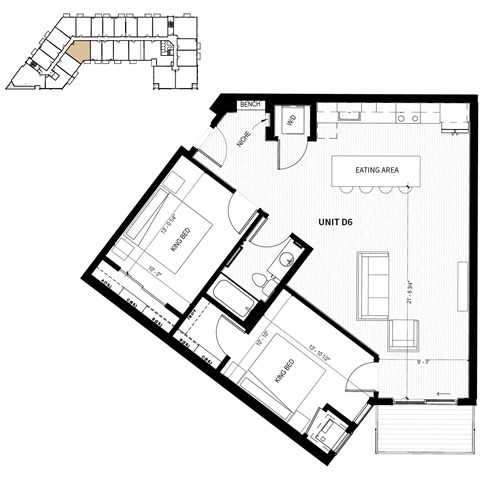 Floor plan for 2 beds, 1 bath, 1023 sqft